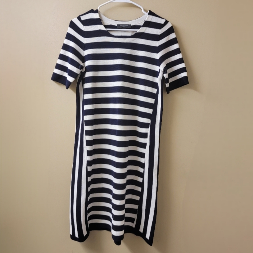 Ann Taylor Black White Striped Dress Size Medium Petite